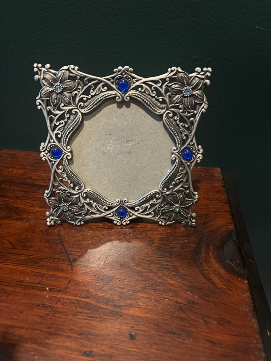 Other - Stunning Vintage Ornate Silver Picture Frame with Blue Jewel Accents